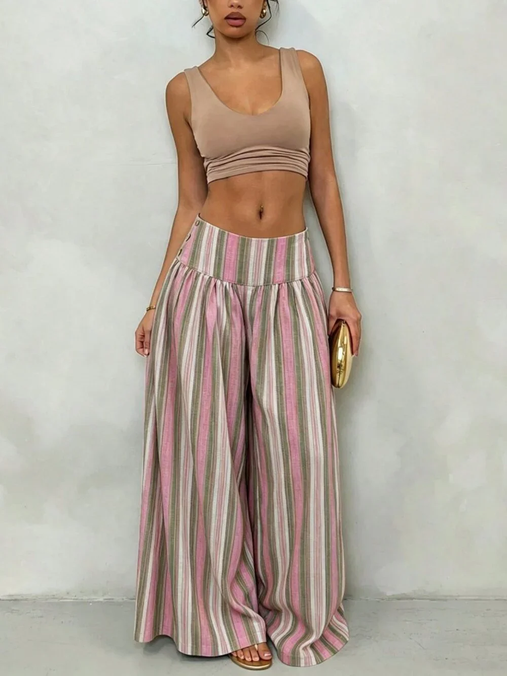 Multicolor Casual Women's Stripe Boho Low-Waist Wide-Leg Pants